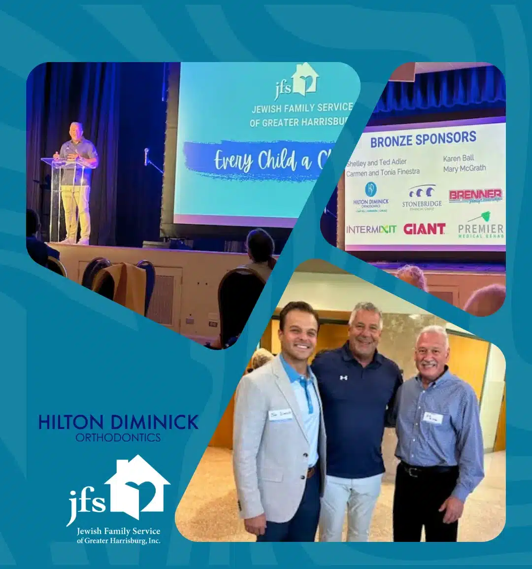 Collage showing Hilton Diminick Orthodontics sponsoring a Jewish Family Service event